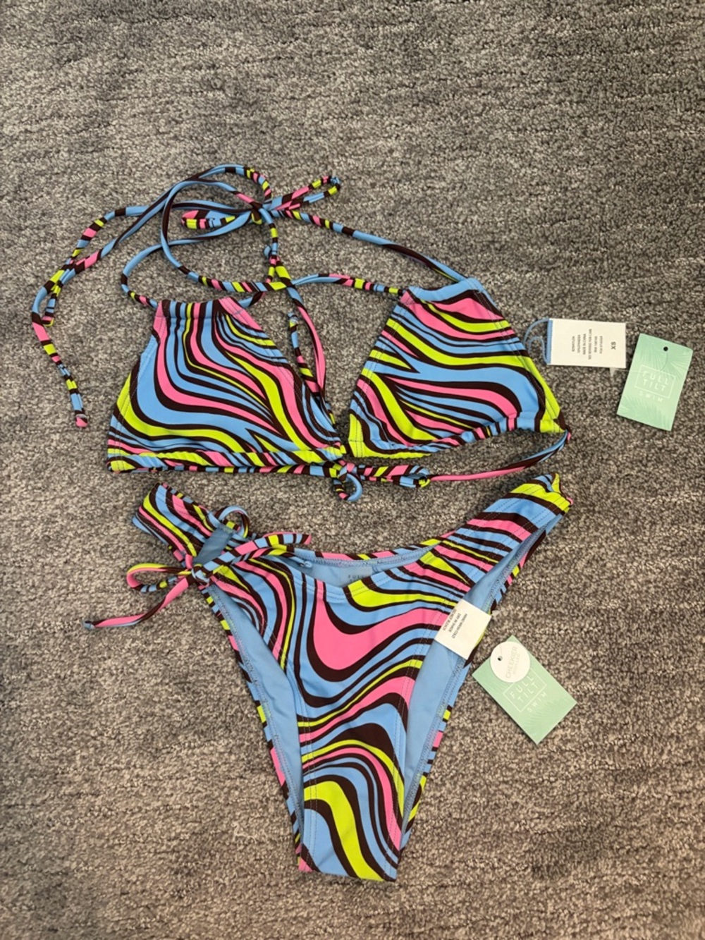 Full Tilt Neon Wave Tie-Back Bikini Set - Blue, Pink, Yellow